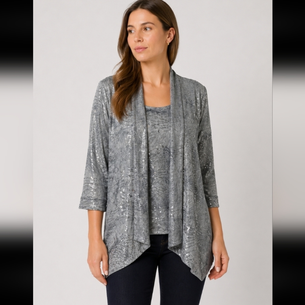 JM COLLECTION silver sequin pattens tank cardigan